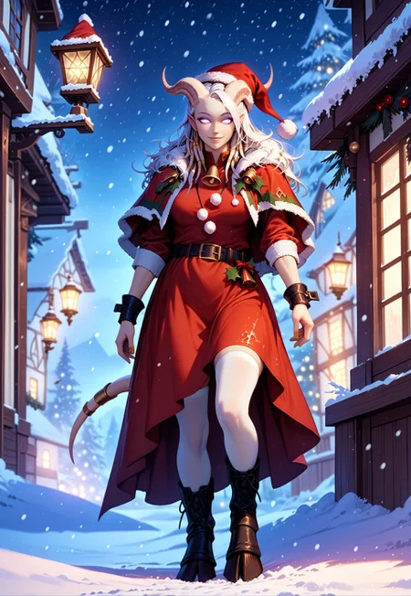 (absurdres, best quality, masterpiece:1.4), score_9, score_8_up, score_7_up, score_6_up, detailed, detailed body, detailed face, world of warcraft, fantasy, <lora:add-detail-xl:1.5>, 

fFaceDetail, ((female, draenei, tall, athletic arms, pale white skin, long white hair, purple eyes, no sclera, long white tail), (h0rns, ram horns, white horns), 
(long fingers, gold fingernails, gold nail polish)), 

alone, upper body, standing, looking toward viewer, soft smile, holding a present towards the viewer, 

Red santa dress with a white fur trim, red santa hat with a white fur trim, black belt with a gold buckle, black knee high boots, White thigh high socks

depth of field, evening, outdoor, harbour, snowing, light snow