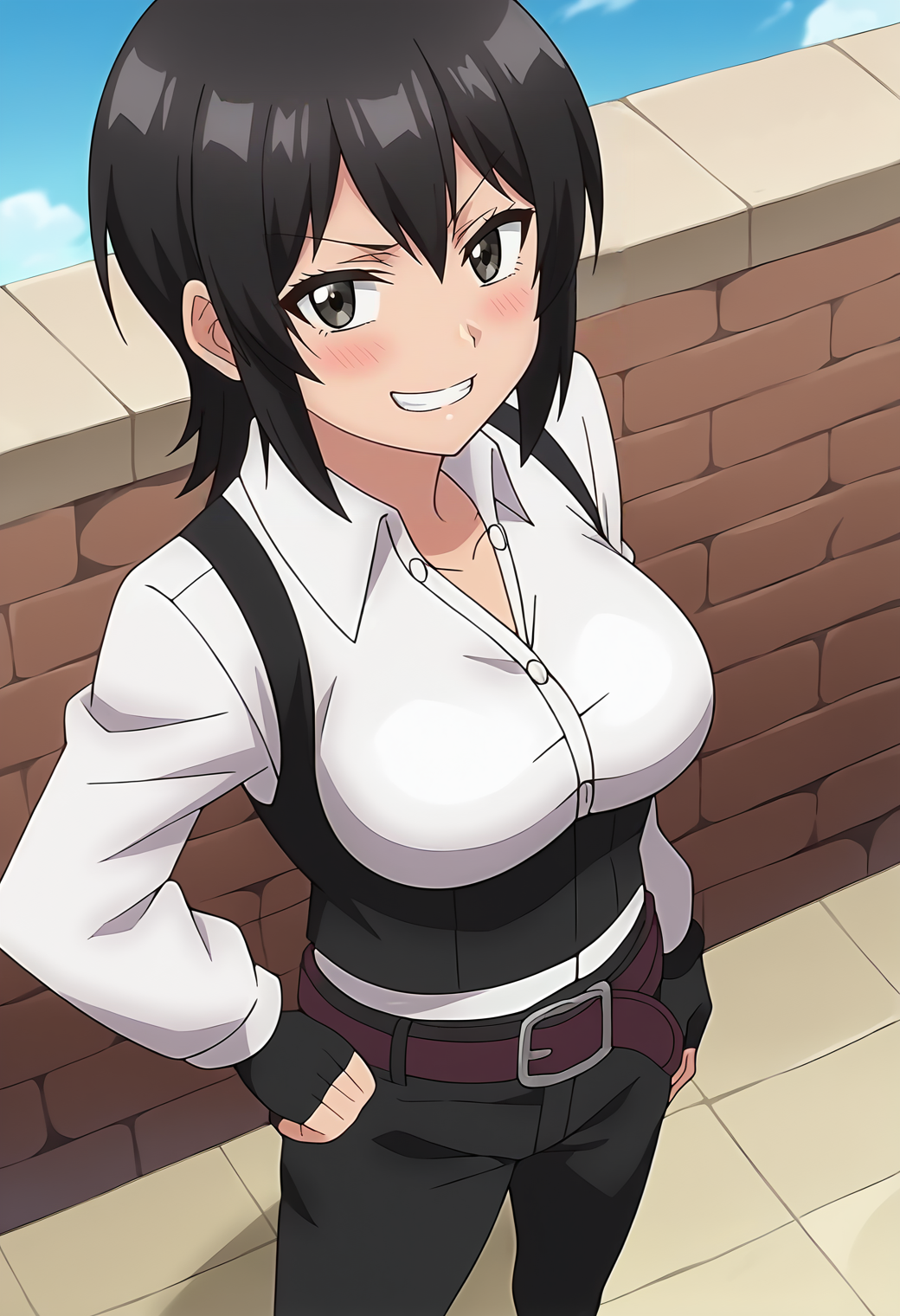 score_9, score_7_up, hd, (ultra hd quality details), source_anime, outdoors, blue sky, wall,
solo, 1girl, black hair, elnakakushi, medium breasts, anime screencap,
white shirt, long sleeves, collared shirt, black vest, black gloves, fingerless gloves, belt, black pants,
looking at viewer, blush, smug, teeth, from above,
standing, hand on own hip,
<lora:_elna_stongs-elesico-ponyv2-rev4:1>