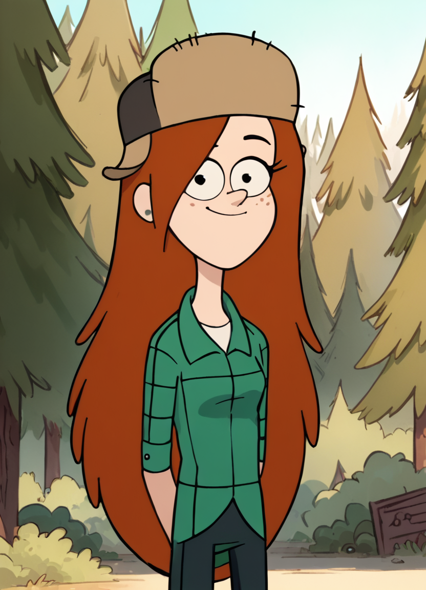 <lora:WendyCorduroyPony1.0:1>wendy, long hair, 1girl, orange hair, solo, green shirt, freckles, earrings, fur hat, smile, pants, tree, outdoors, looking at viewer, cowboy shot,, score_9, score_8_up, score_7_up, score_6_up, score_5_up, score_4_up arms behind back,