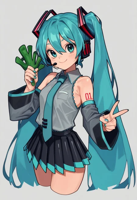 score_9, score_8_up,score_7_up,score_6_up,score_5_up, score_4_up,waa153,1girl, solo, long hair, breasts, looking at viewer, smile, bangs, skirt, simple background, shirt, hair ornament, white background, holding, bare shoulders, twintails, very long hair, closed mouth, cowboy shot, pleated skirt, detached sleeves, food, necktie, sleeveless, collared shirt, miniskirt, black skirt, nail polish, aqua eyes, sleeveless shirt, v, aqua hair, headphones, holding food, grey shirt, cropped legs, headset, aqua nails, aqua necktie, spring onion, vegetable, holding vegetable, hatsune miku