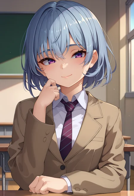 score_9, score_8_up, score_7_up BREAK
source_anime, rating_safe, akasaaistyle, indoors, classroom, upper body, table, arm support, light smile, blush, closed mouth, narrowed eyes, looking at viewer, solo, 1girl, light blue hair, purple eyes, short hair, bangs, school uniform, brown jacket, open jacket, collared shirt, necktie <lora:akasaai_style:1>