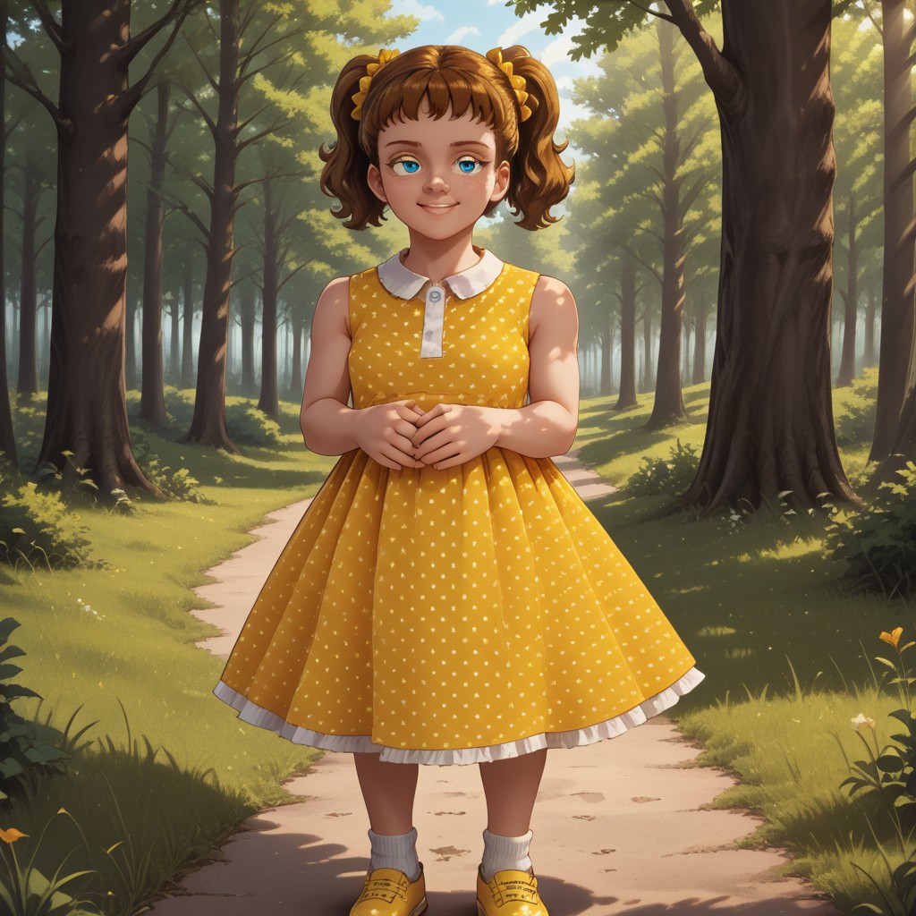 score_9, score_8, BREAK, solo, brown hair, short hair, pigtails, yellow hair bow, blue eyes, freckles, yellow white dotted dress, sleeveless dress, socks, yellow shoes, doll, Gabby_Gabby_(Toy_Story_4), cute, sexy pose, self portrait, smile, outdoors, sunlight, shadows, evening lighting, natural lighting, forest, trees, grass, orange sky, sunset