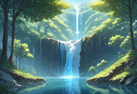 (masterpiece), best quality, Symphtia-Style, Anime, Illustration, (One Tree, Crystal, Reflection), Detailed Background, No Humans, (Light Refraction), Symphtia-Style, Zyrnox-Exoterra Style, Natural Lighting, Waterfall, Water