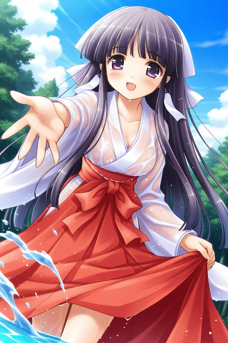 masterpiece, best quality, absurdres, official art, official style, general BREAK <lora:arisakamatsuri_IL_v1-2:0.7>, arisaka matsuri, 1girl, solo, purple eyes, black hair, purple hair, very long hair, blunt bangs, sidelocks, hime cut, hair ribbon, white ribbon, medium breasts, earrings, miko, water, hakama skirt, red hakama, blush, open mouth, smile, day, splashing, cleavage, outdoors, :d, looking at viewer, outstretched hand, long sleeves, wet, wading, cloud, skirt lift, tree, outstretched arm, see-through, wet clothes, collarbone, wide sleeves, dutch angle, forest, blue sky, white kimono, waist bow, red bow, red sash, floating hair