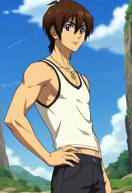 ((masterpiece)), ((best quality)), ((ultra-detailed)), ((absurdres)), score_9_up, score_8_up, score_7_up,
HD, top quality, best quality, amazing quality, High-quality illustrations, anime screencap, source_anime, best aesthetic, perfect proportions, perfect eyes, 1boy, 1male, male anime character, anime boy, solo male, male focus, handsome, attractive, cute, sexy, ((lean body, fit body, athletic body)), ((tall, tall body, tall height)), looking at viewer, looking at front, front shot, front view, Tusk, brown hair, purple eyes, necklace, white tank top, cowboy shot, head to hips shot, ((semi side view)), hand on hip pose