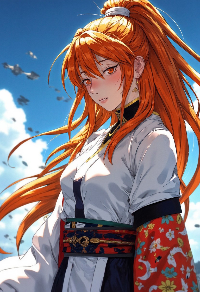 Highly detailed and dramatic digital artwork featuring a young woman with an anime-style aesthetic. The subject is a female character with a fair complexion and long, straight, orange hair styled in a high ponytail with a few strands framing her face. white kimono with a sash that leave bare shoulders and clavicle exposed. Her hair is adorned with a small, high bun on the top of her head. The background is a beautifil sky, enhancing the focus on the character. The overall style is vibrant and dynamic
