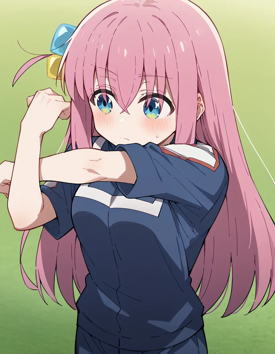 score_9, score_8_up, score_7_up, source_anime, hitorigotou, <lora:hitori-gotou-s1-ponyxl-lora-nochekaiser:1>, hitori gotou, blue eyes, cube hair ornament, hair between eyes, hair ornament, pink hair, one side up, long hair, medium breasts,, <lora:ua-gym-uniform-ponyxl-lora-nochekaiser:1> ua gym uniform, u.a. gym uniform, blue track suit, blue pants, blue shirt, short sleeves,, blush, track and field, <lora:cross-body-stretch-ponyxl-lora-nochekaiser:1> cross-body stretch, stretching, arm across chest, exercising,, cowboy shot,