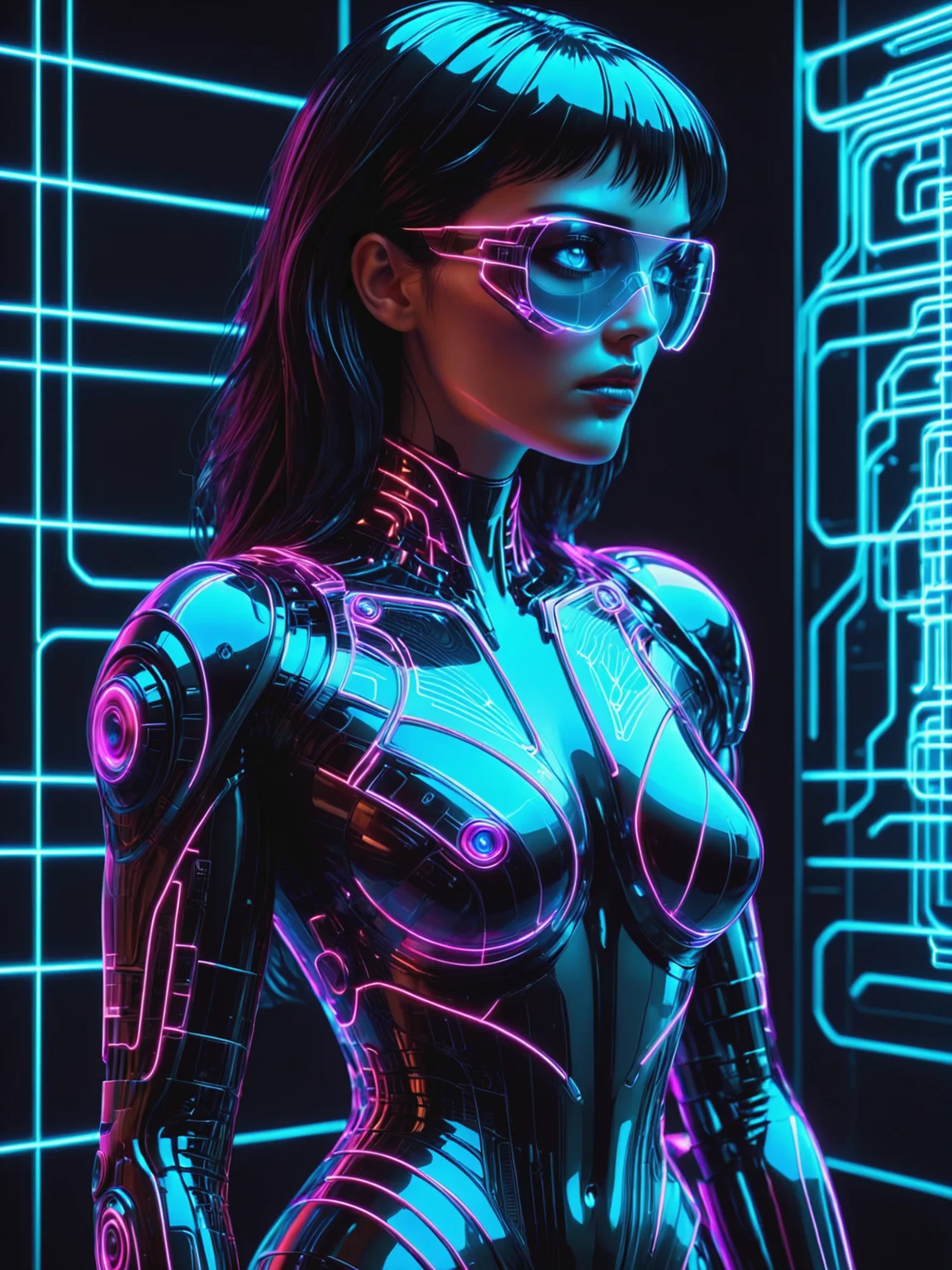 cyberpunk woman, Jed-Jly, Jed-CyFut, Futuristic, Neon, mad-cyberspace, cyberpunk, scifi, 1980s, retro, grid  <lora:JellyStyle:0.8>    <lora:CyberFuturisticStyle:0.6>  <lora:Neon_Cyberpunk_SDXL_-_Cyberspace:0.8>, (masterpiece:1.2), best quality