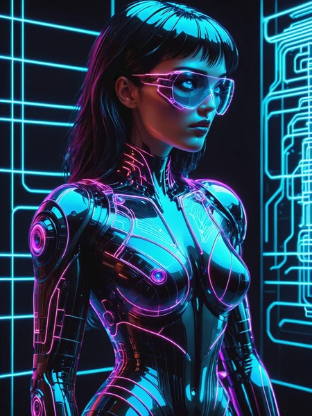cyberpunk woman, Jed-Jly, Jed-CyFut, Futuristic, Neon, mad-cyberspace, cyberpunk, scifi, 1980s, retro, grid <lora:JellyStyle:0.8> <lora:CyberFuturisticStyle:0.6> <lora:Neon_Cyberpunk_SDXL_-_Cyberspace:0.8>, (masterpiece:1.2), best quality