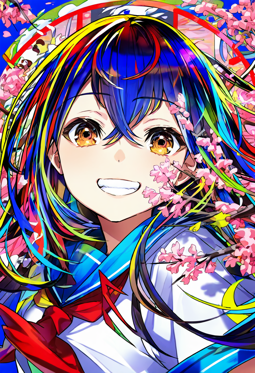 1girl, solo, smile, looking at viewer, long hair, red neckerchief, neckerchief, grin, school uniform, cherry blossoms, bangs, white shirt, serafuku, shirt, hair between eyes, sailor collar, flower, upper body, blue hair, branch, blue sailor collar, colorful, teeth, brown eyes, water <lora:mikaXL_NBVP1_lokr_V6311PZ:0.95>