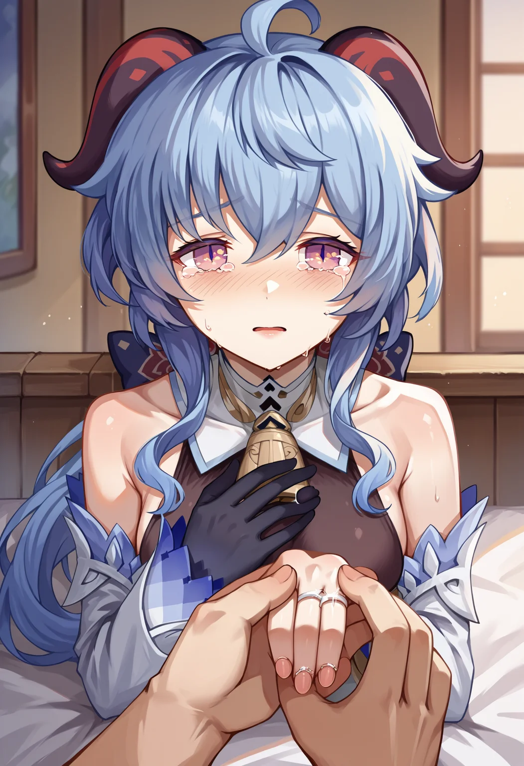 score_9, score_8_up, score_7_up, source_anime, 1girl, IncrsProp, wedding ring, <lora:Proposal_XLPD:1>, pov, ganyu \(genshin impact\), tears, gloves,