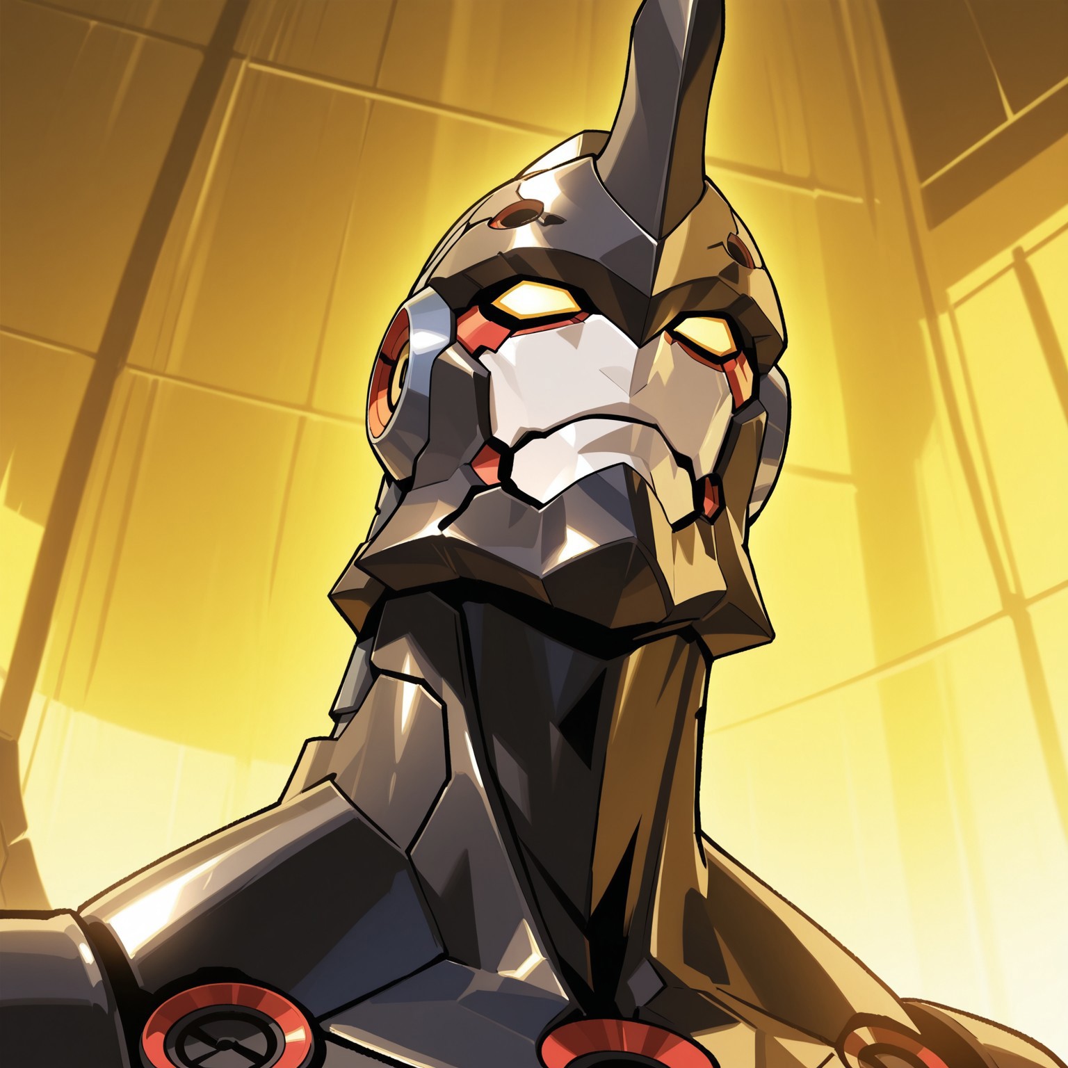 Lazengann, mecha, mechanical tail, humanoid, single horn, black armor, multicolored armor, helmet, tall, yellow eyes, no pupils

BREAK low angle view, head shot, portrait, upper body focus, abstract background, close up

BREAK best quality, amazing quality, very aesthetic, absurdres, newest, masterpiece, high quality 