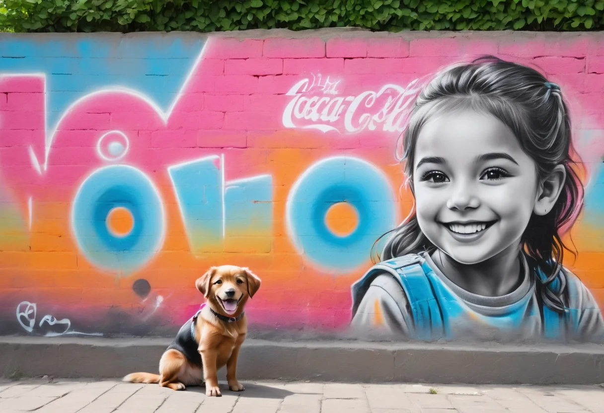 #graffiti, #graffiti on a brick wall, #spray painting on a wall, #colored graffiti, #Street art, #Spray paint, #Street canvas, #Graffiti artist, #Graffiti art, #Spray art, (((Spray cans: 1,3))). A cheerful child smiles next to a small friendly dog, soft shadows play across the scene, bright greenery around them, bright and sincere smiles