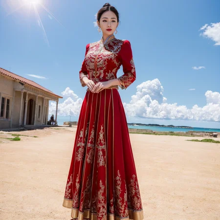(8k, RAW photo, best quality, masterpiece:1.2), (realistic, photo-realistic:1.4), ultra-detailed, (Internet celebrity beauty),perfect detail , make up,(full body shot:1.1),(midday:1.5), (sunny:1.5),(Blue sky:1.2), (cloud),zshs, a woman in a red dress with gold trimming <lora:zshs-10:0.8>