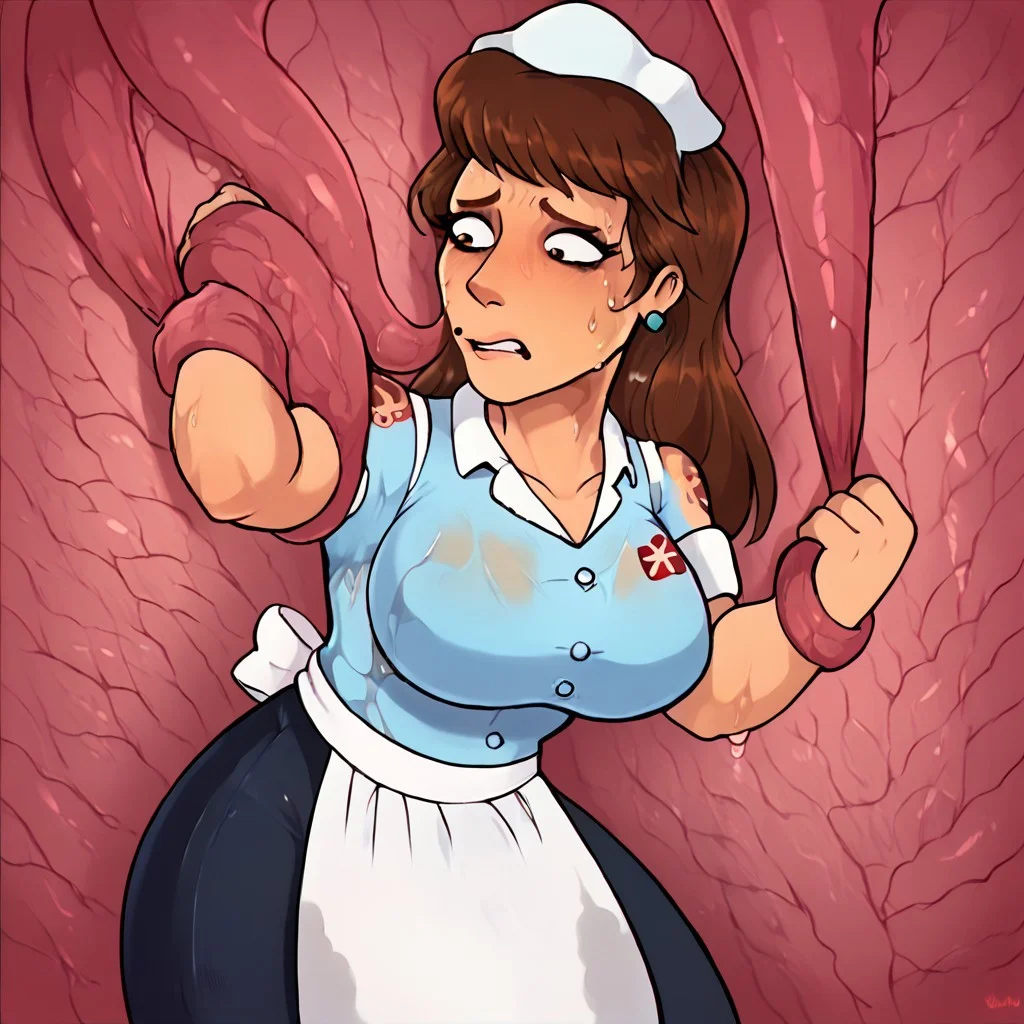 score_9_up, score_8_up, score_7_up, score_6_up, 1girl,milfryfu, brown hair, waitress uniform, earrings, mole, hat, apron, big breasts, shoulder tattoo, huge breasts, wide hips ,thick thighs,2D,wet, sweaty,
shadman, shiny skin,
 on a tentacle pit, flesh and tentacle background, restrained by tentacles, worried