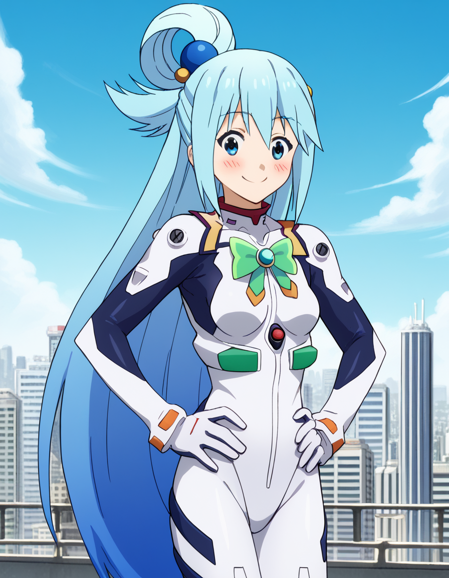 score_9, score_8_up, score_7_up, source_anime, konosubaaqua, <lora:konosuba-aqua-s2-ponyxl-lora-nochekaiser:1>, aqua (konosuba), long hair, blue eyes, hair ornament, very long hair, blue hair, hair rings, single hair ring, hair bobbles,, <lora:rei-ayanami-cosplay-ponyxl-lora-nochekaiser:1>, reiayanamicosplay, ayanami rei \(cosplay\), bodysuit, headgear, plugsuit, white bodysuit,, outdoors, cityscape, smile, blush, hands on hips,, cowboy shot, dutch angle, solo,