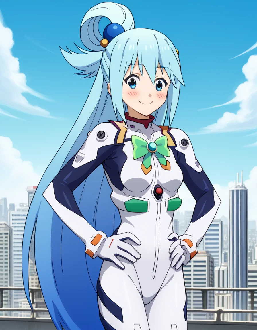 score_9, score_8_up, score_7_up, source_anime, konosubaaqua, <lora:konosuba-aqua-s2-ponyxl-lora-nochekaiser:1>, aqua (konosuba), long hair, blue eyes, hair ornament, very long hair, blue hair, hair rings, single hair ring, hair bobbles,, <lora:rei-ayanami-cosplay-ponyxl-lora-nochekaiser:1>, reiayanamicosplay, ayanami rei \(cosplay\), bodysuit, headgear, plugsuit, white bodysuit,, outdoors, cityscape, smile, blush, hands on hips,, cowboy shot, dutch angle, solo,