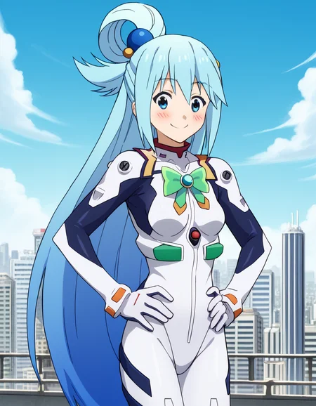 score_9, score_8_up, score_7_up, source_anime, konosubaaqua, <lora:konosuba-aqua-s2-ponyxl-lora-nochekaiser:1>, aqua (konosuba), long hair, blue eyes, hair ornament, very long hair, blue hair, hair rings, single hair ring, hair bobbles,, <lora:rei-ayanami-cosplay-ponyxl-lora-nochekaiser:1>, reiayanamicosplay, ayanami rei \(cosplay\), bodysuit, headgear, plugsuit, white bodysuit,, outdoors, cityscape, smile, blush, hands on hips,, cowboy shot, dutch angle, solo,