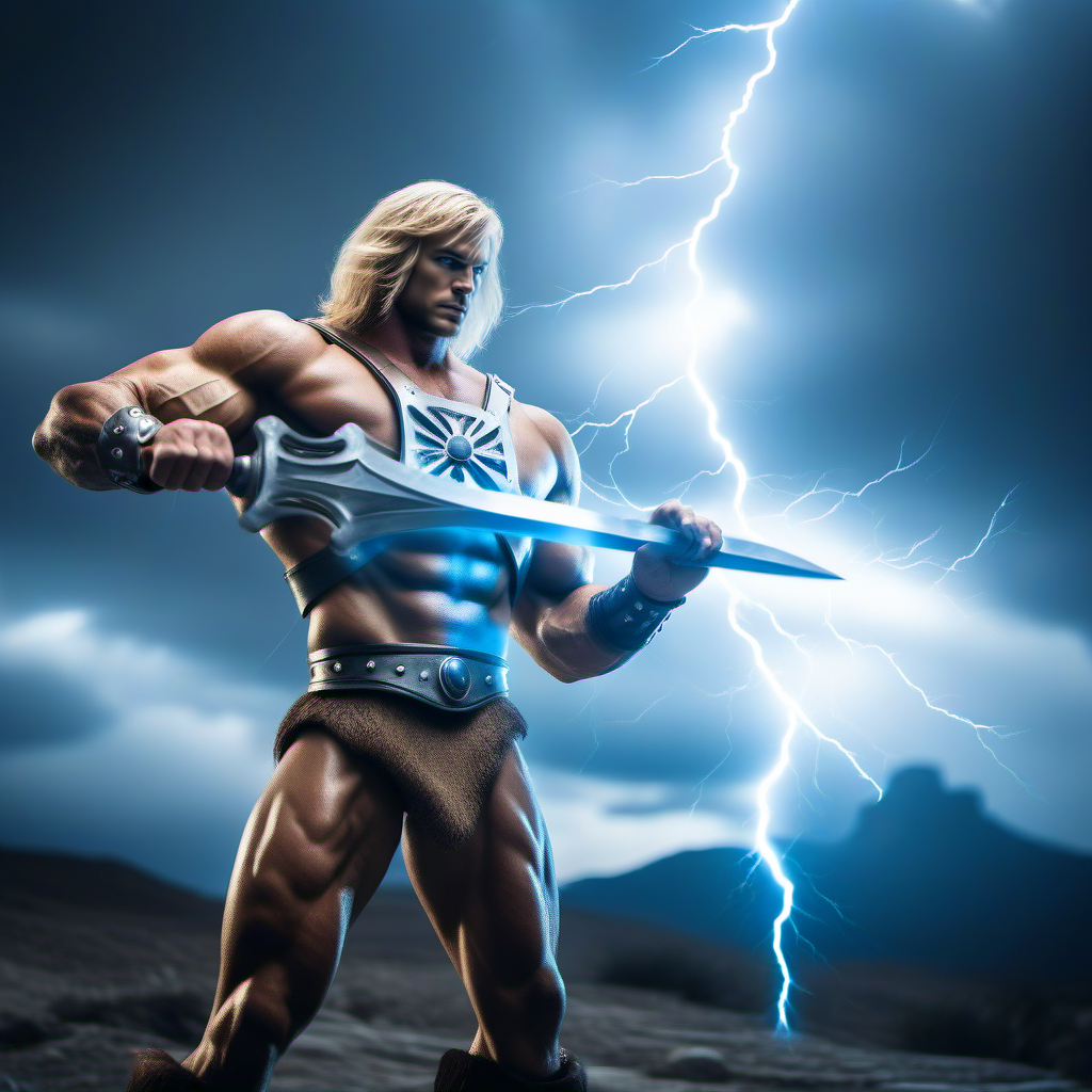 cinematic film still a muscular man, blond long hair, blue eyes, boots, manly, armor, holds an energy sword, lightning, powerfull <lora:He-man1024:0.8> . shallow depth of field, vignette, highly detailed, high budget, bokeh, cinemascope, moody, epic, gorgeous, film grain, grainy