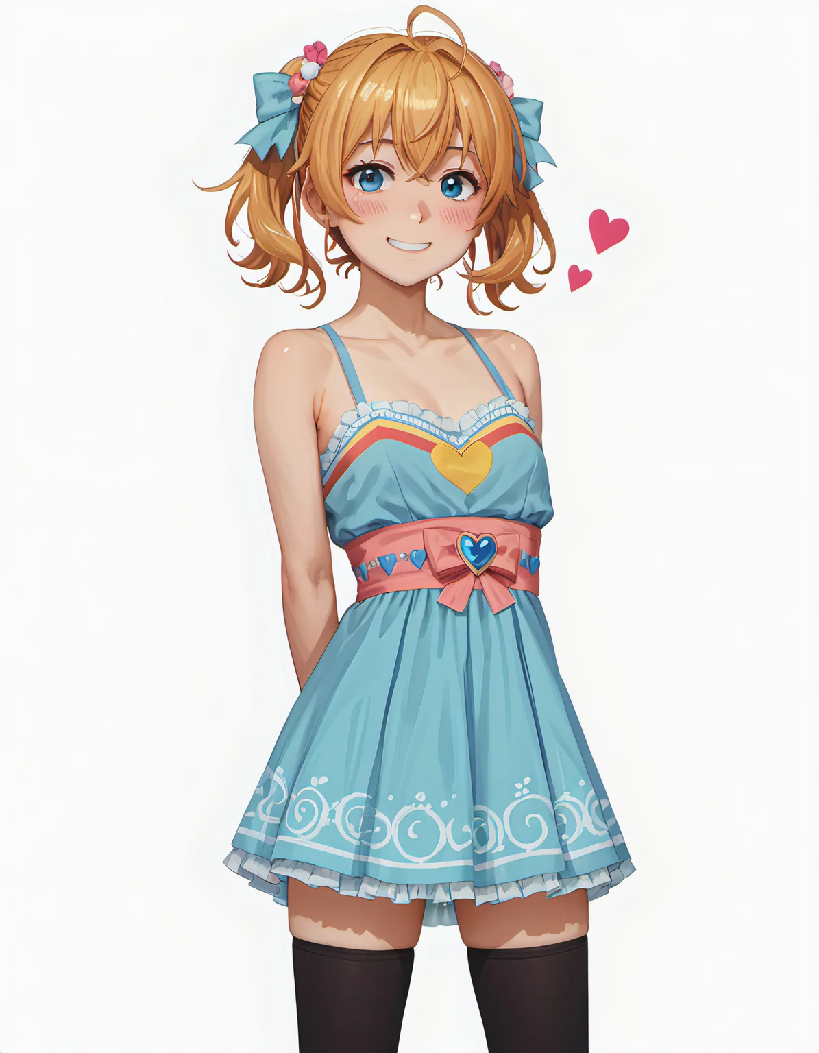 score_9_up, score_9, score_8_up, score_7_up, rating_explicit, 1girl, solo, cowboy shot, narumiya suzu, idoly pride, blue idol costume, black thighhighs, standing, arms behind back, looking at viewer, smile, blush, (simple background, white background:1.2), BREAK, <lora:iSuzu:0.72>, very aesthetic, high definition, amazing quality, masterpiece, best quality, highres, absurdres, sensitive, newest, anime screenshot, screencap, score_9_up,, score_9_up,, scenery