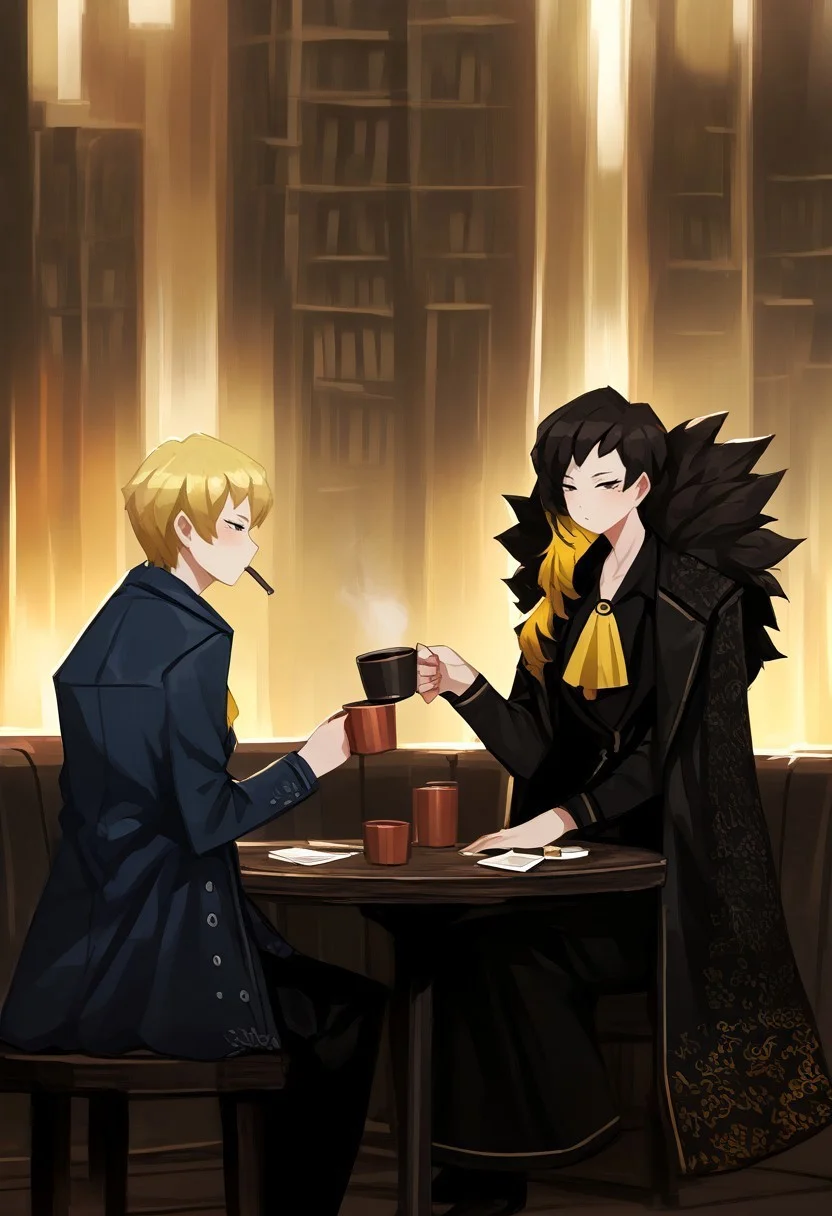 safe_pos, BREAK,
(score_9, score_8_up, score_7_up, score_6_up, score_5_up, score_4_up), colored image,
BREAK,
BinahPM, multicolored hair, black hair, yellow hair, black eyes, short hair, BinahLOR, black dress, yellow ascot, black pants, black footwear, black coat, open coat, fur trim, medium breasts,
BREAK,
((solo, woman, one character)), full body view, detailed, sitting at the table and drinking tea, detailed face
