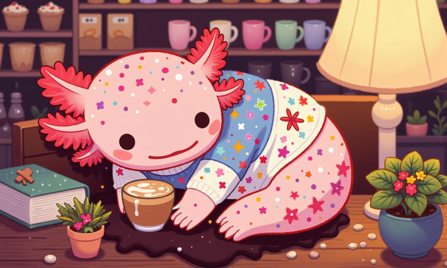 pikaole, axolotl, high-angle shot of a pink axolotl curled up in a booth in a little corner café, dressed in a soft knit sweater and holding a warm chai latte with cinnamon on top; its frilly gills are relaxed, and its round black eyes are half-closed as it enjoys the calming aroma; tiny potted plants, a soft lamp, and a stack of books add detail, while the tilt-shift effect softly blurs the background of shelves lined with pastries and coffee mugs, creating an inviting, quiet moment in the cozy café, happy axolotls<lora:Axomodel_Flux_V1.1.safetensors:0.85:0.85> <lora:Pikaole v2 (FLUX)_v2_E6.safetensors:0.75:0.75>