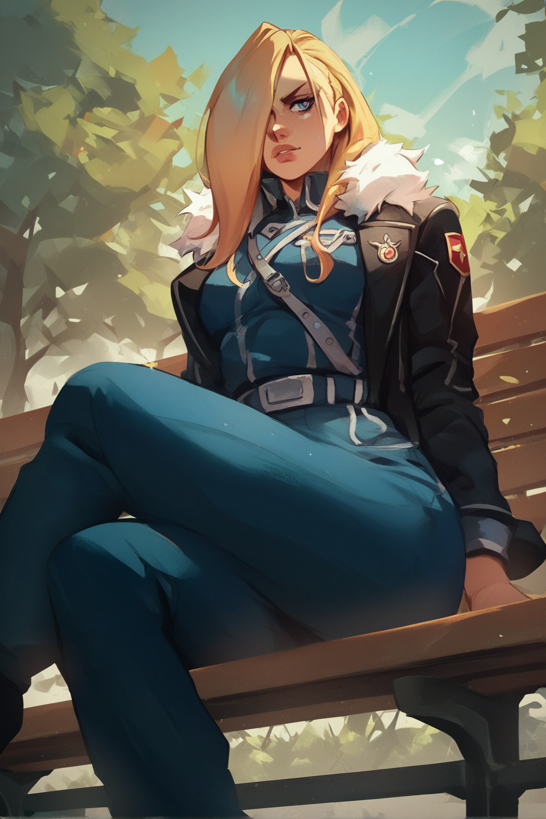 1girl,  <lora:Olivier Mira Armstrong Pony XL:0.8>, olivier_mira_armstrong, military uniform, hair over one eye, detailed background, sitting on bench, park, score_9, score_8_up, score_7_up,, zPDXL