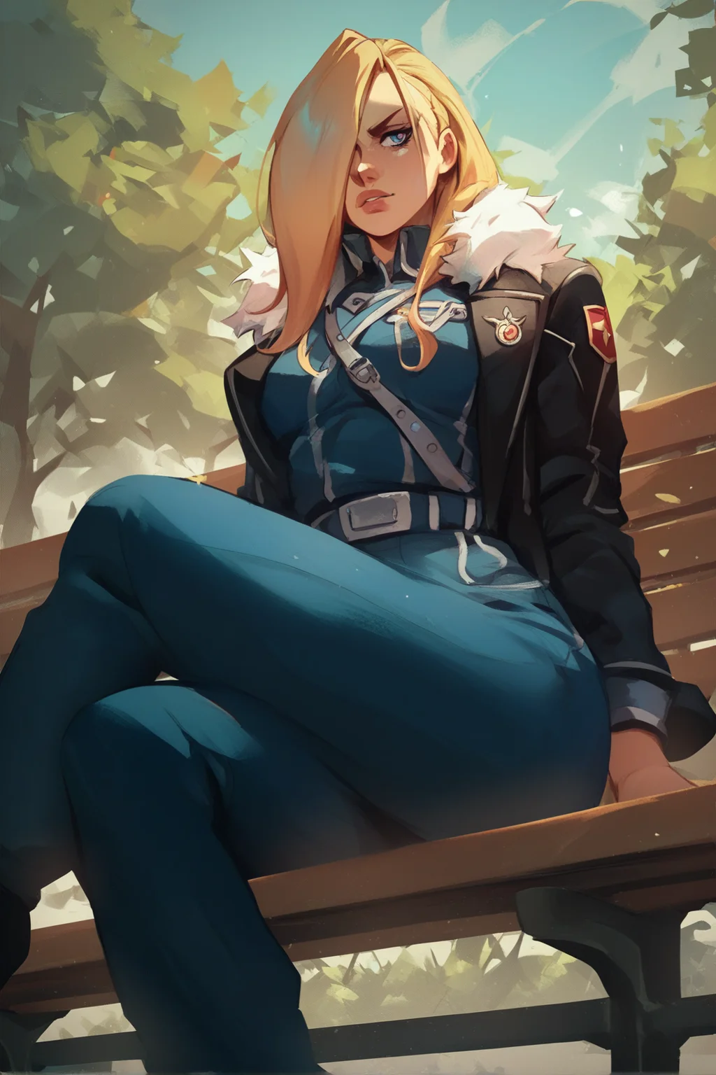 1girl, <lora:Olivier Mira Armstrong Pony XL:0.8>, olivier_mira_armstrong, military uniform, hair over one eye, detailed background, sitting on bench, park, score_9, score_8_up, score_7_up,, zPDXL