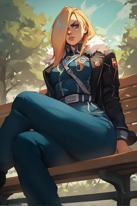 1girl,  <lora:Olivier Mira Armstrong Pony XL:0.8>, olivier_mira_armstrong, military uniform, hair over one eye, detailed background, sitting on bench, park, score_9, score_8_up, score_7_up,, zPDXL