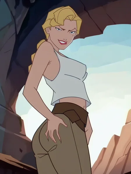 score_9, score_8_up, score_7_up, 1girl, cavern, rocks, sky, detailed background, from side, ass focus, ass grab, sexy pose, cowboy shot, (dynamic pose:1.1), dynamic angle, light smile, from below, navel,
<lora:HelgaSinclair_character:1>,HelgaXLP, blue eyes, blonde hair, single braid, mole under eye, lipstick, white shirt, belt, brown pants, no bra, tank top, anime screencap, big ass,