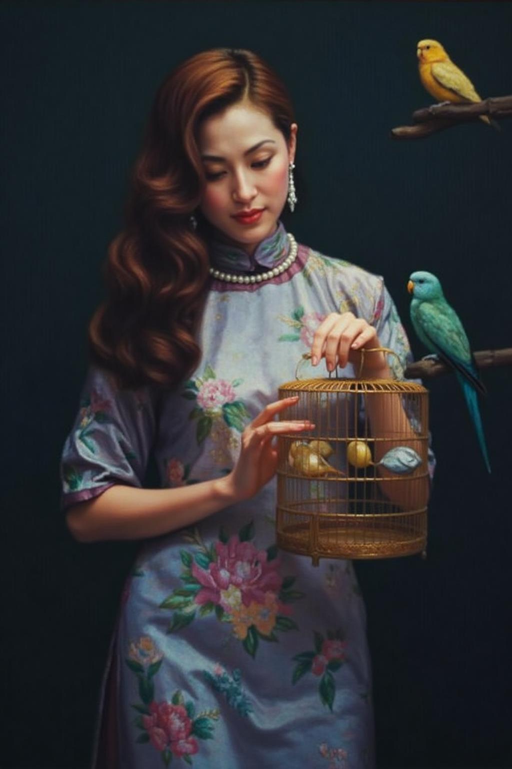 chenyifei1 painting.
A woman stands in a dimly lit room with long, wavy brown hair cascading over her shoulders. She is wearing a traditional cheongsam adorned with a floral pattern in soft hues of lavender, pink, and green. The dress has a high collar and long sleeves. She wears a delicate white pearl necklace and earrings. She is looking at a birdcage she is holding in her hand. There is a parakeet on the right.
 <lora:chenyifei1_cap_d6a3:1.0><lora:839141558000330698:0>