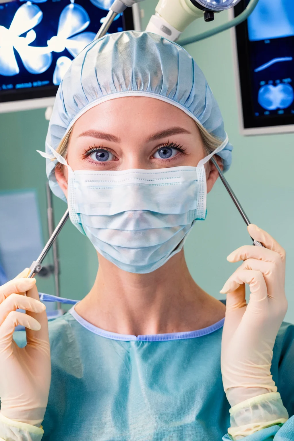 (RAW photo, best quality), 1girl, long sleeve surgical outfit, surgical mask, surgical gloves, surgical cap, operating room, overhead surgical light, dslr, blurred background, focused
<lora:concept_surgeon_xl_v1:1>, Caucasian, blue eyes, blonde hair, happy,