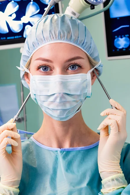 (RAW photo, best quality), 1girl, long sleeve surgical outfit, surgical mask, surgical gloves, surgical cap, operating room, overhead surgical light, dslr, blurred background, focused
<lora:concept_surgeon_xl_v1:1>, Caucasian, blue eyes, blonde hair, happy,