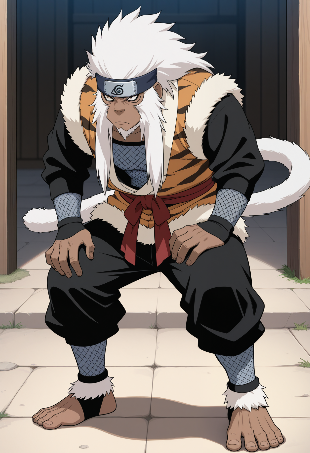 masterpiece,best quality,amazing quality, 1boy, solo, 3nm4, monkey boy, white hair, dark skin, white fur, forehead protector, konohagakure symbol, orange fur-trimmed shirt, white fur trim, black arm sleeves, fishnet top, fishnet sleeves, red sash, black pants, fishnet leg sleeves, white tail, full body,