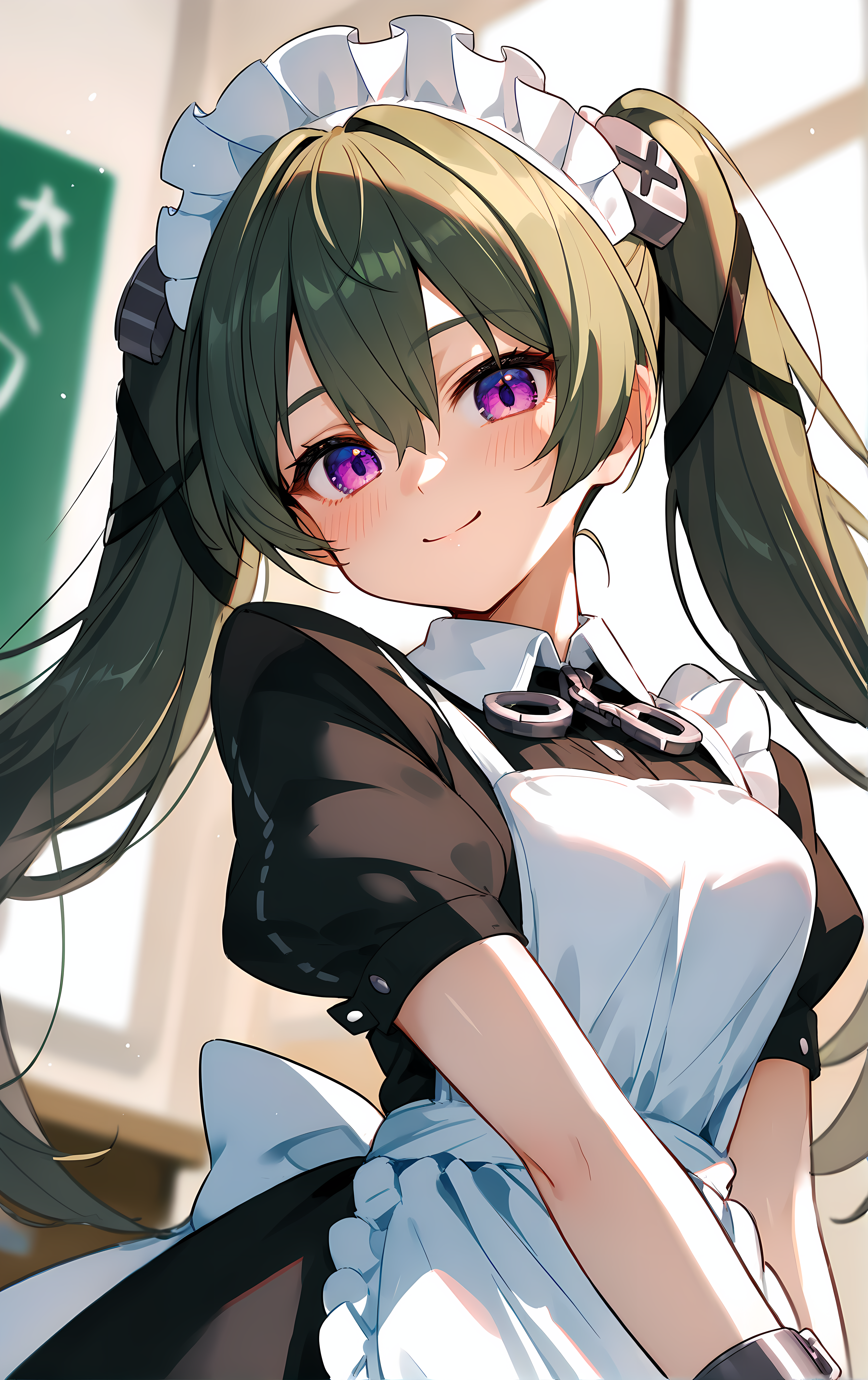 (score_9, score_8_up, score_7_up), blush, smile, closed mouth, medium breasts, shiny skin,
blurry background, upper body, close-up, cowboy shot, dutch angle,
classroom, looking_at_viewer,
corin, 1girl, green_hair, maid_headdress, apron, twintails, solo, purple_eyes, maid, long_hair, short_sleeves, black_dress, dress, maid_apron, puffy_sleeves, white_apron, hair_between_eyes, puffy_short_sleeves, chain, cuffs, wrist_cuffs,
 <lora:corin_wickes_pony_ss:0.9>