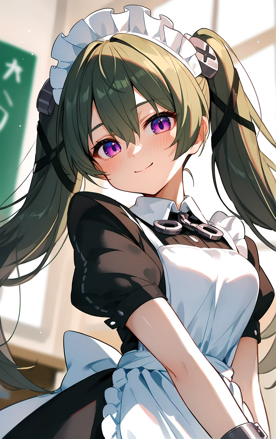 (score_9, score_8_up, score_7_up), blush, smile, closed mouth, medium breasts, shiny skin,
blurry background, upper body, close-up, cowboy shot, dutch angle,
classroom, looking_at_viewer,
corin, 1girl, green_hair, maid_headdress, apron, twintails, solo, purple_eyes, maid, long_hair, short_sleeves, black_dress, dress, maid_apron, puffy_sleeves, white_apron, hair_between_eyes, puffy_short_sleeves, chain, cuffs, wrist_cuffs,
<lora:corin_wickes_pony_ss:0.9>
