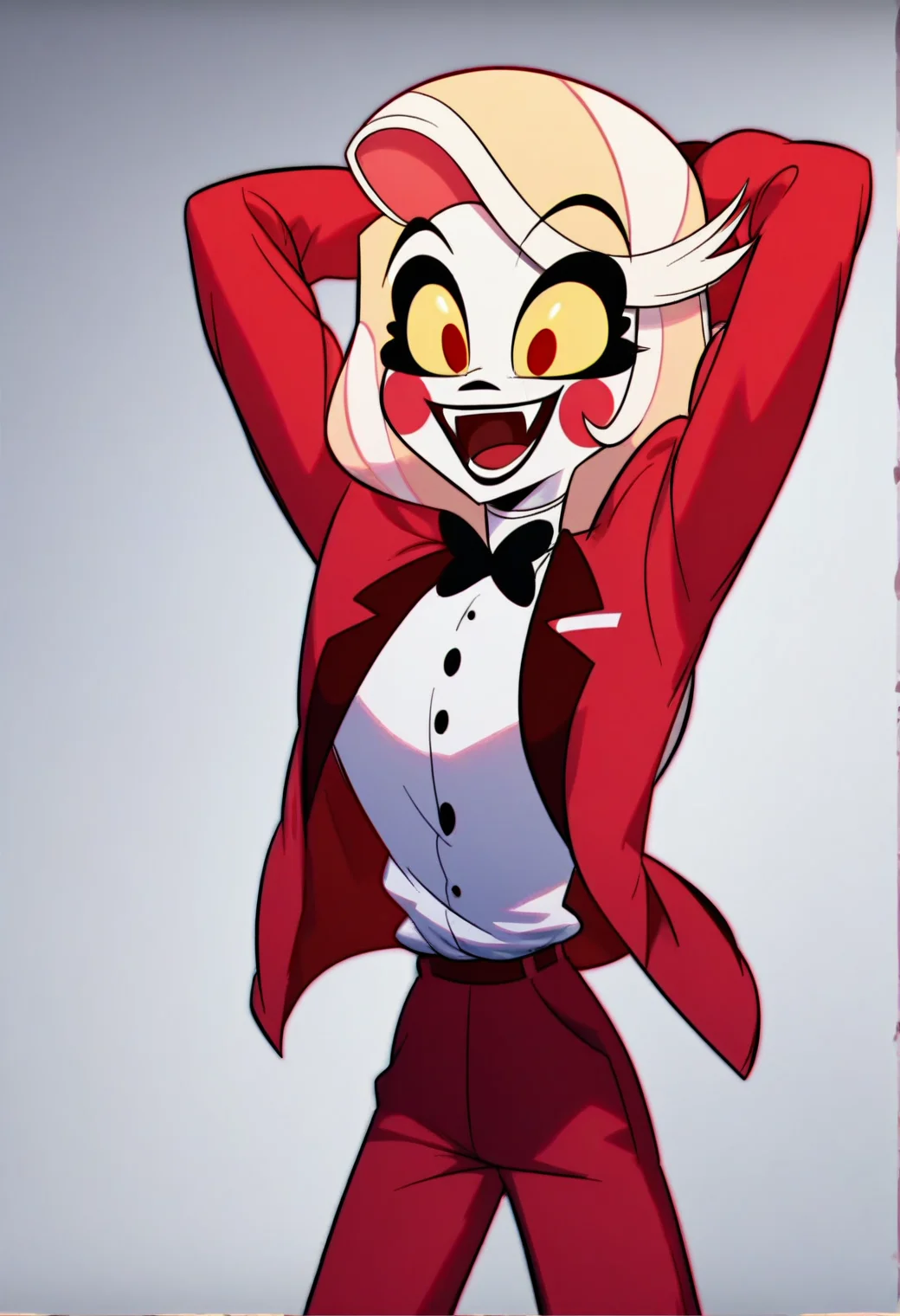 <lora:hazbin_hotel_ponyxl_v1:1>, charlie, solo, black bowtie, red jacket, red pants, white shirt, formal, happy, teeth, upper teeth only, open mouth, :d, fangs, arms up, white background, simple background,
BREAK
score_9, score_8_up, score_7_up, score_6_up, (screencap:0.5)