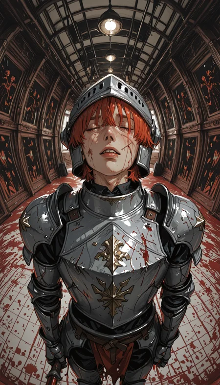 (JJ-Illu, re4lity_sync_illu, fisheye, foreshortening, scenery, photo background, sketch, abstract_background, abstract_colors, guide_lines, bad_quality, traditional_media)
solo, short_hair, open_mouth, bangs, eyebrows_visible_through_hair, photoshop_(medium), red_eyes, shirt, 1boy, original, holding, closed_eyes, upper_body, heart, male_focus, red_hair, one_eye_closed, parted_lips, teeth, armor, lips, english_text, torn_clothes, blood, cover, scar, helmet, cover_page, shoulder_armor, scar_on_face, pauldrons, injury, breastplate, blood_on_face, blood_on_clothes, knight, blood_splatter, helmet_removed, scratches