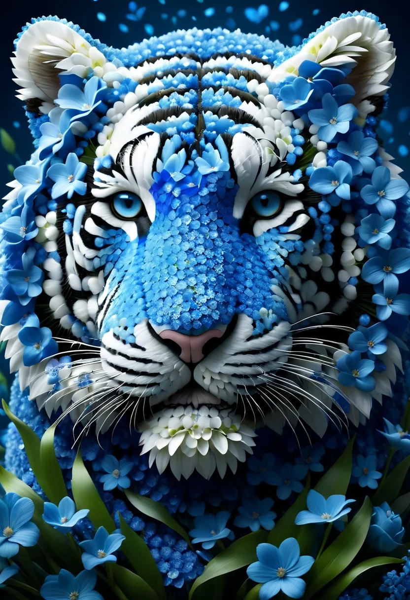 pam-flwr a tiger made of blue flowers,jungle,bokeh,highly detailed,realistic,lifelike,studio photo,highly detailed,dynamic,cinematic,masterpiece,intricate,hdr,abstract fractal, romantic atmosphere, award-winning photo,pam-flwr