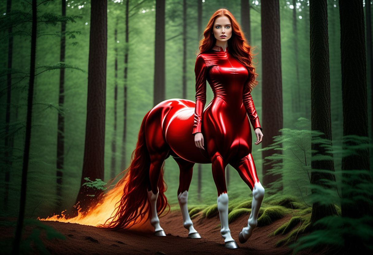 (highest possible resolution, 8k res), forest in flames, ((19yo mythical female centaur)), sexy, intensely angry, gorgeous face, gorgeous body, both hands extended directly front of her at shoulder level as if cupping something made of air, (ball of fire hovering a foot above her hands), wearing oversized witch's hat, at dusk, in forest setting, forest is a raging inferno, full-body photograph, realistic, natural redhead, gorgeous long red horse tail, beautiful long red hair, very full head of hair, ((perfect face)), ((perfectly formed face)), green eyes, perfect eyes, perfectly formed eyes, masterpiece quality, wearing intricately detailed metal armor, slender, brushed and shining equine coat, well formed, (well formed face), (highest possible resolution), best quality, hooves, transition from human skin to horse coat happens very gradually from well below human waist and withers, solid white horse coats, seen from above, long and lean human torso, highly detailed, intelligent eyes, majestic equine lower body, eyes concentrated on viewer in extreme anger, perfect focus regardless of distance