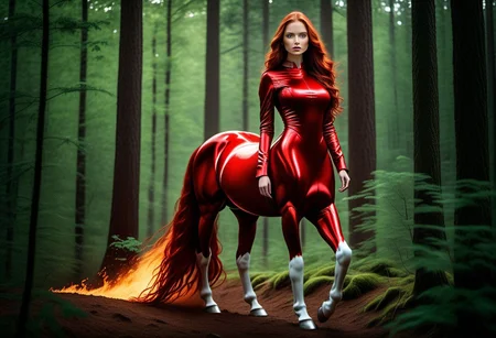 (highest possible resolution, 8k res), forest in flames, ((19yo mythical female centaur)), sexy, intensely angry, gorgeous face, gorgeous body, both hands extended directly front of her at shoulder level as if cupping something made of air, (ball of fire hovering a foot above her hands), wearing oversized witch's hat, at dusk, in forest setting, forest is a raging inferno, full-body photograph, realistic, natural redhead, gorgeous long red horse tail, beautiful long red hair, very full head of hair, ((perfect face)), ((perfectly formed face)), green eyes, perfect eyes, perfectly formed eyes, masterpiece quality, wearing intricately detailed metal armor, slender, brushed and shining equine coat, well formed, (well formed face), (highest possible resolution), best quality, hooves, transition from human skin to horse coat happens very gradually from well below human waist and withers, solid white horse coats, seen from above, long and lean human torso, highly detailed, intelligent eyes, majestic equine lower body, eyes concentrated on viewer in extreme anger, perfect focus regardless of distance