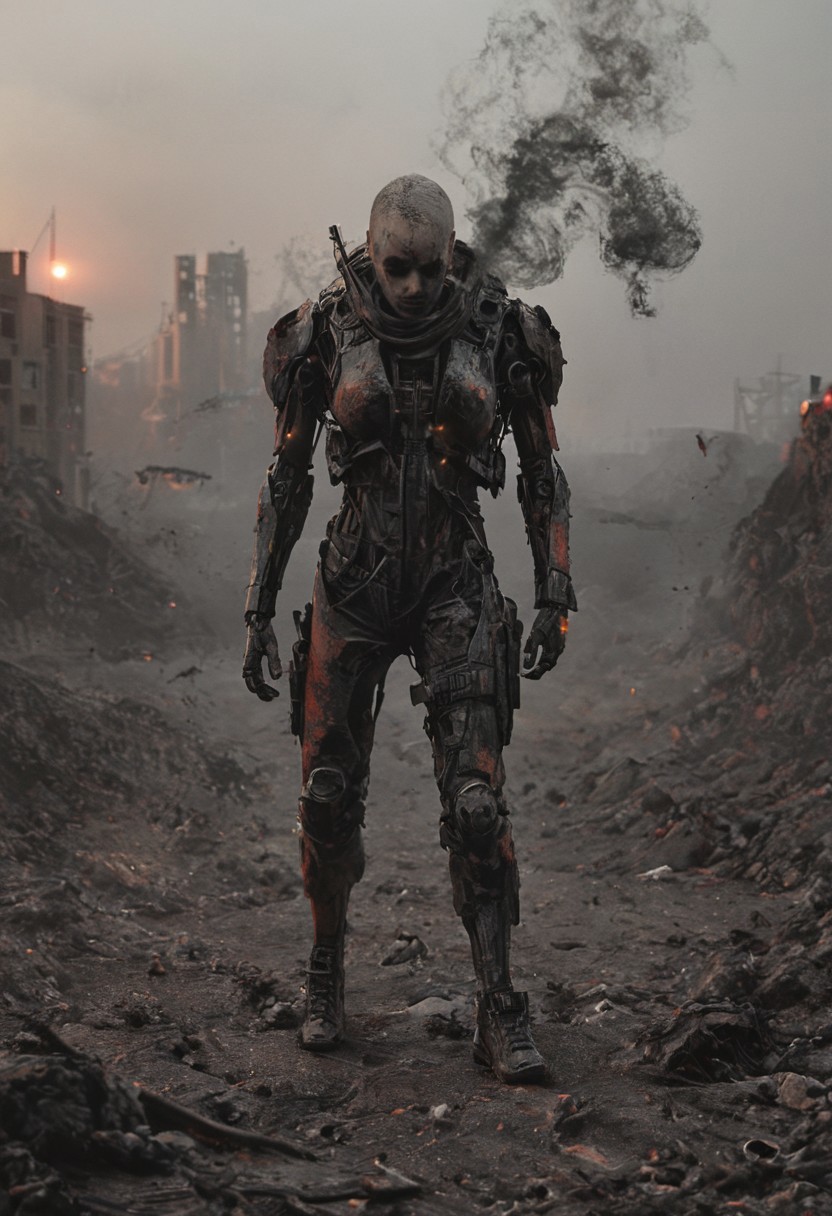 a combat cyborg, battle damaged, looking at the sunset over a faraway distopian city, smoke rising high on the horizon, colorful, muted rusted eroded paint,