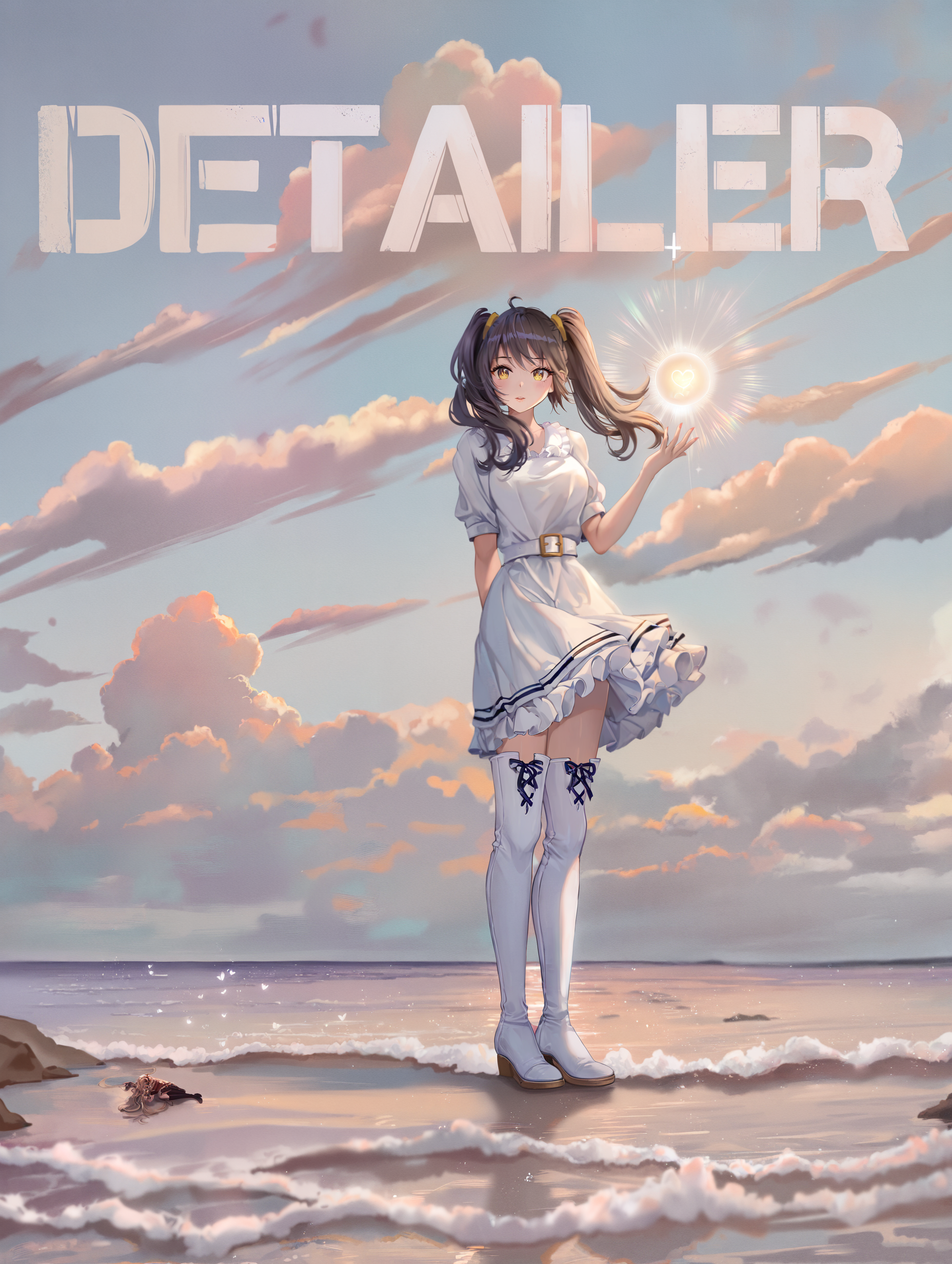 poster \(medium\), 1girl, frilled dress, short dress, twintails, thigh boots,  golden hour, scenery, magic, glowing, cross-laced footwear, wind, shore, sand, clouds, belt, yellow eyes, heart,
aoi sakura \(seak5545\), (himeyamato:0.9), (hyonee:1.1),  (eversoul:0.9), achyue,(dishwasher1910:0.8), momoko \momopoco\,(nardack:0.8), (torino aqua:0.4),
masterpiece,best quality,amazing quality,very aesthetic,absurdres,newest, very awa,   crisp, sharp,
<lora:NOOB_EPSv1_1_detailer_by_vlnvk_v1_0:1>,