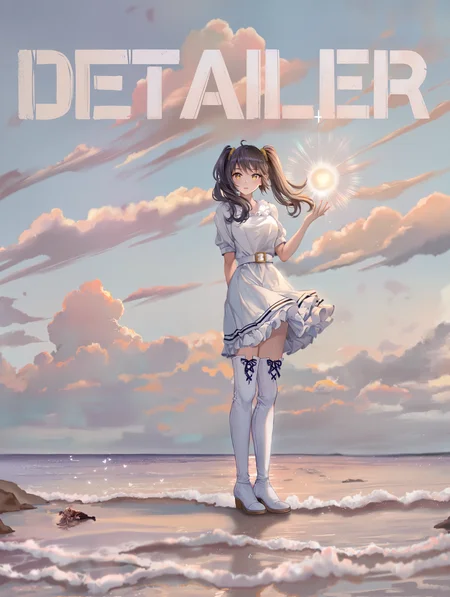 poster \(medium\), 1girl, frilled dress, short dress, twintails, thigh boots, golden hour, scenery, magic, glowing, cross-laced footwear, wind, shore, sand, clouds, belt, yellow eyes, heart,
aoi sakura \(seak5545\), (himeyamato:0.9), (hyonee:1.1), (eversoul:0.9), achyue,(dishwasher1910:0.8), momoko \momopoco\,(nardack:0.8), (torino aqua:0.4),
masterpiece,best quality,amazing quality,very aesthetic,absurdres,newest, very awa, crisp, sharp,
<lora:NOOB_EPSv1_1_detailer_by_vlnvk_v1_0:1>,