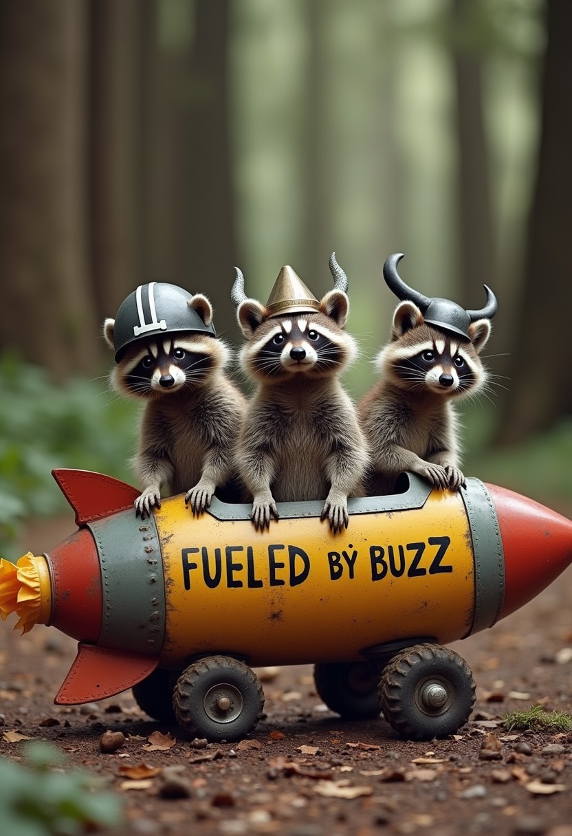 Three incredibly cute raccoons, one wearing a football helmet, another wearing a Viking helmet, and another wearing a bicycle helmet, sitting in a fat rocket pointed up at a 60 degree angle with the words “FUELED BY BUZZ” painted by hand in beautiful script on the side on a makeshift launchpad in the middle of a redwood forest.