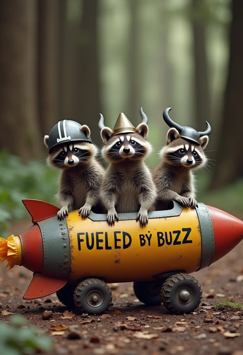 Three incredibly cute raccoons, one wearing a football helmet, another wearing a Viking helmet, and another wearing a bicycle helmet, sitting in a fat rocket pointed up at a 60 degree angle with the words “FUELED BY BUZZ” painted by hand in beautiful script on the side on a makeshift launchpad in the middle of a redwood forest.