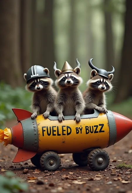 Three incredibly cute raccoons, one wearing a football helmet, another wearing a Viking helmet, and another wearing a bicycle helmet, sitting in a fat rocket pointed up at a 60 degree angle with the words “FUELED BY BUZZ” painted by hand in beautiful script on the side on a makeshift launchpad in the middle of a redwood forest.