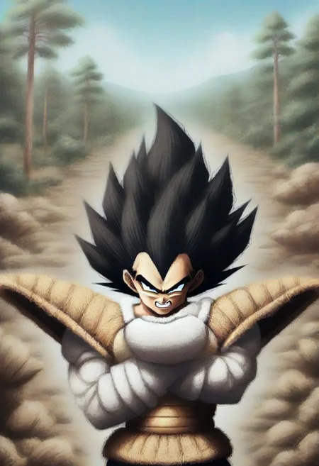 source_anime, pamcocomat, 1boy, vegeta, pamcocomat saiyan armor, upper body, crossed arms, looking at viewer, outdoors,spiky hair, black hair, Dragon Ball Z, angry, teeth, best quality, detailed face, detailed eyes