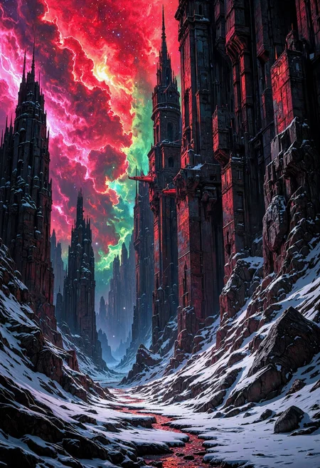 2D speed painting scenery prototype image illustrating a biomorphic nebula environment while a disintegrating blizzard is threatening to freeze everything over, glowing circuits, chaotic atmosphere. With flash rim-lighting, masterpiece, 4k, grimdark beauty