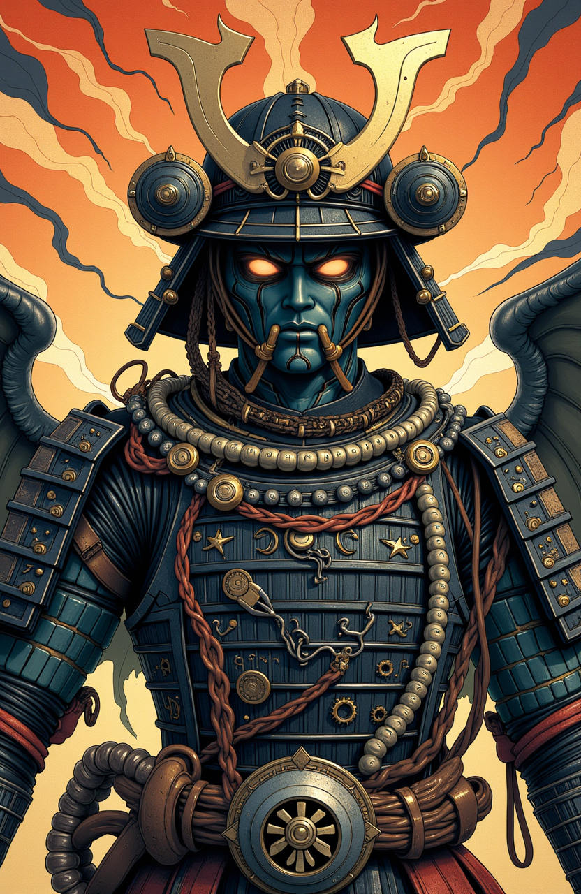 Cybernetic Samurai  <lora:models\Flux\flux_enchanter_v1:0.3> <lora:models\Flux\aidmaMJ6.1-FLUX-v0.4:0.3> <lora:models\Flux\custom\apostle-of-decay-000010:0.3> <lora:models\Flux\vintage-activision-flux1-dev-v1-000082:0.3> <lora:models\Flux\minrill:0.3>,